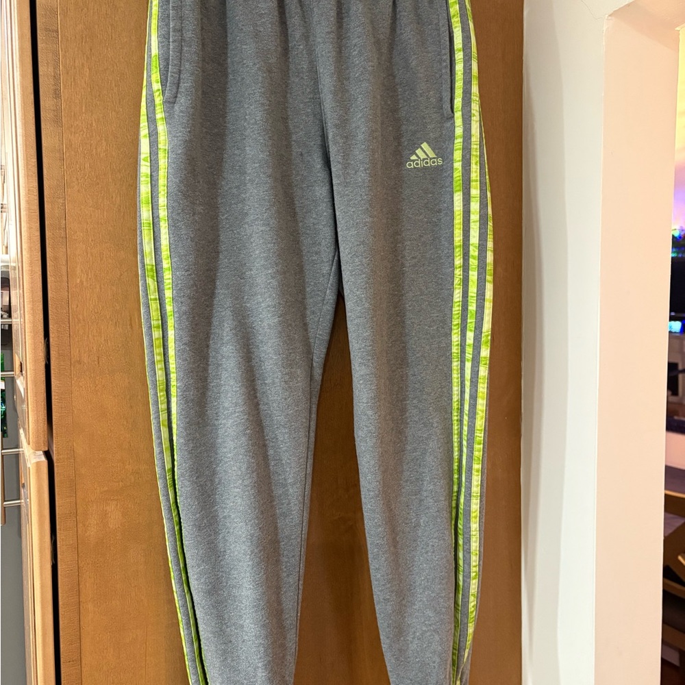 Adidas Kids Gray Joggers with Lime Stripes Youth Large
